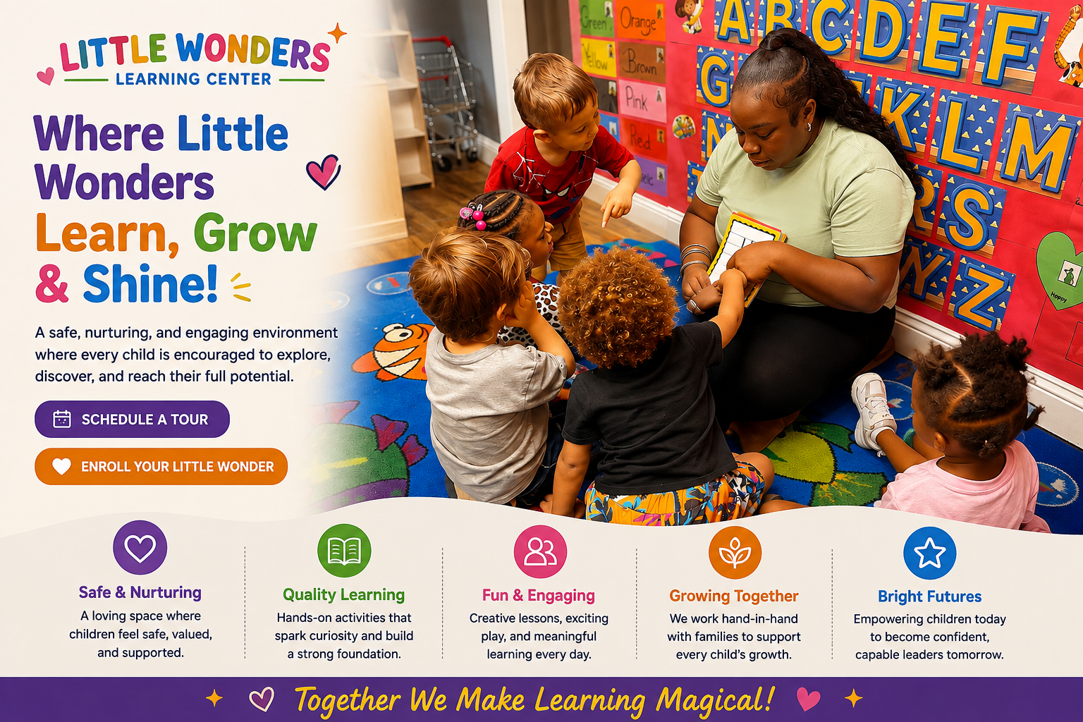 Little Wonders teacher with children at the alphabet wall in the classroom